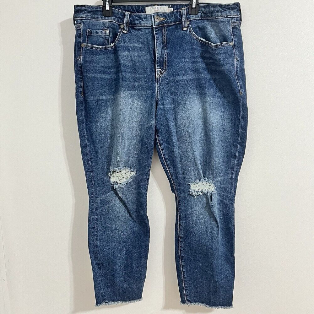 Torrid Denim Size 18 R Blue High Rise Straight Distressed Cropped Raw Stretchy